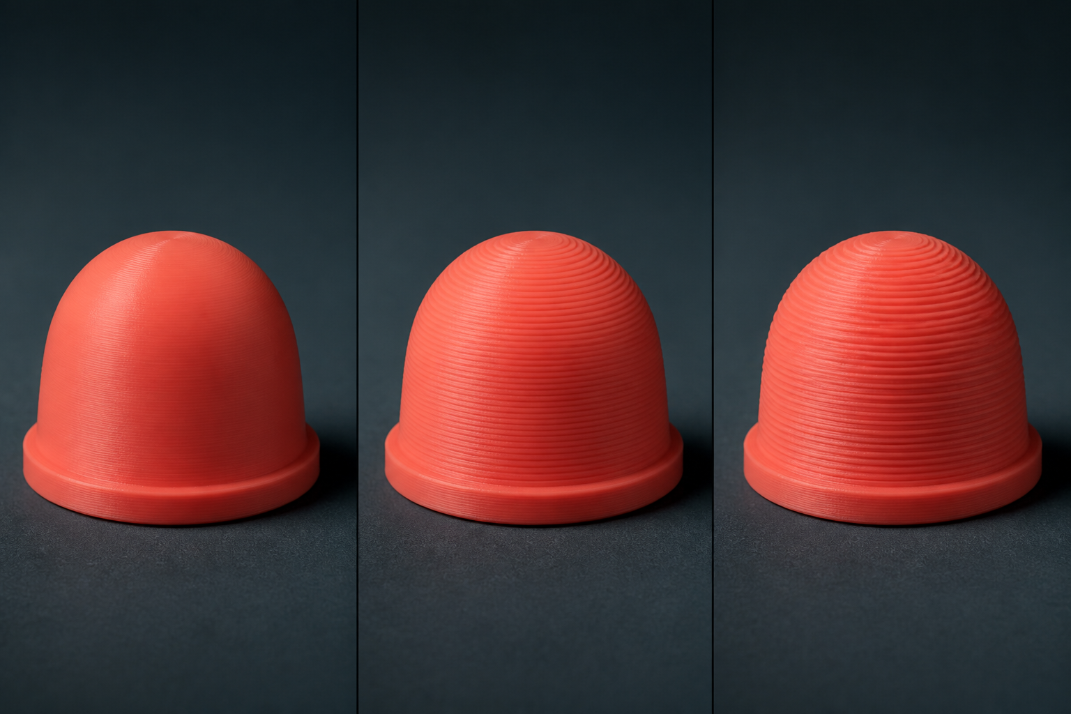 Three matching coral-red FDM printed domes showing fine, medium, and coarse layer lines from left to right