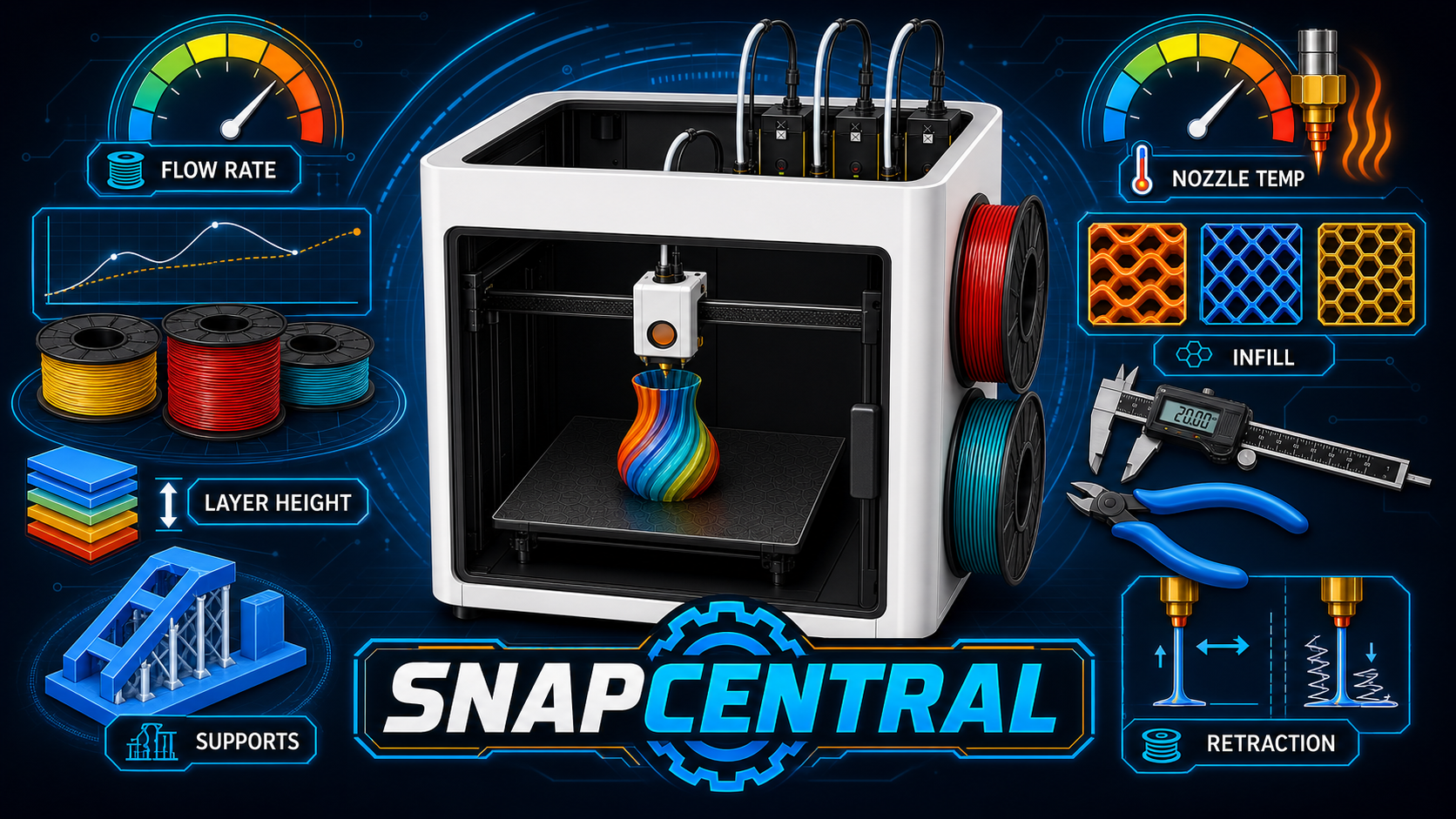 SnapCentral stylized 3D printer, printing tools, settings, and filament cover artwork